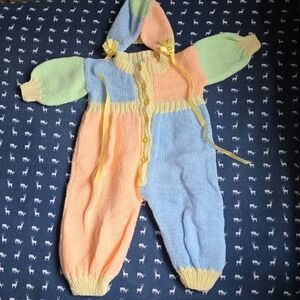 Handmade Knitted Footless Baby Onesie and Bonnet In Blue Peach Yellow & Green